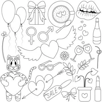 Valentine day. Sketch. Set of vector illustrations. Doodle style. Stock Illustration