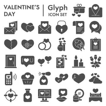 Valentine day solid icon set. Love and winter holiday signs collection, sketches Stock Illustration