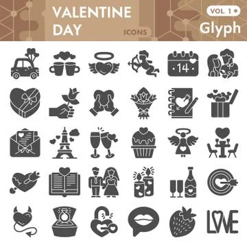 Valentine day solid icon set, Romantic relationship symbols collection or Stockillustratie