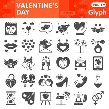 Valentine Day solid icon set, love symbols collection or sketches. Happy Stock Illustration