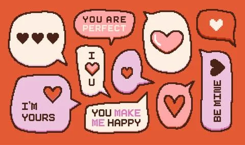 Valentine day text message bubbles set. Vector isolated pixelated elements. 14 イラスト素材