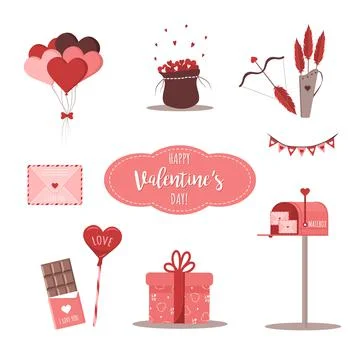 Valentine design elements with post, cupid arrows, bow, candy, gift and hearts Stockillustratie