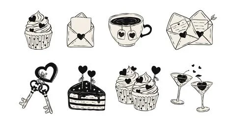 Valentine Doodle Sketch Vector Set  Cupcakes, Letters, Keys, Romantic Cupca.. Stock Illustration