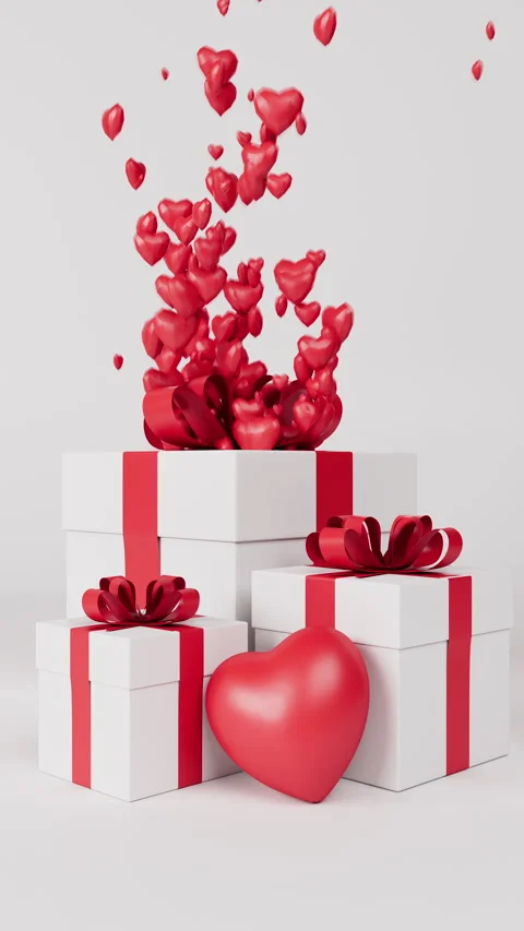 Valentine gift box and bubbling flying little hearts on white backdrop. Vertical Stock Footage 261673984