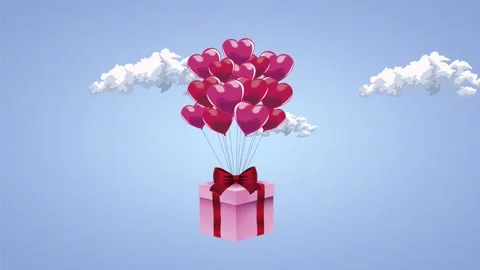 Valentine gift box flying with heart shaped balloons against blue sky with .. Stock Footage 333427019