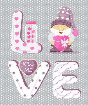 Valentine gnome concept vector. Cute cartoon elf helding in hands valentine d Stock Illustration