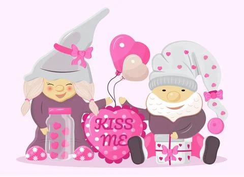 Valentine gnome concept vector. Cute cartoon elf helding in hands valentine d Stock Illustration