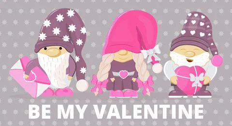 Valentine gnome concept vector. Cute cartoon elf helding in hands valentine d Stock Illustration