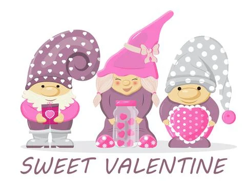 Valentine gnome concept vector. Cute cartoon elf helding in hands valentine d Illustrazione stock