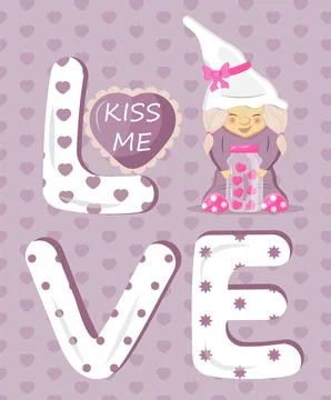 Valentine gnome concept vector. Cute cartoon elf helding in hands valentine d 스톡 일러스트
