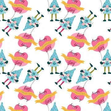 Valentine gnomes vector seamless pattern on a white background. Can be used f Stock Illustration