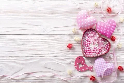 Valentine handmade flat lay frame with copy-space background on white table Stock Photos