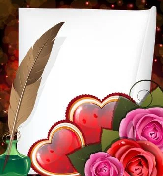 Valentine hearts, roses and  sheet of paper Stock Illustration