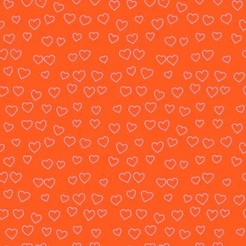 Valentine hearts seamless pattern, sketchy pink hearts on orange Ilustração Stock