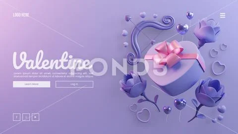 Valentine Landing Page Template WIth Heart Shaped Gift Box 3D Rendering Illus PSD Template