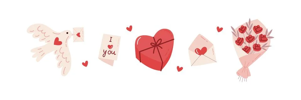 Valentine Love Elements Composition with Hearts, Flowers, Letters and Cute Bird Illustrazione stock