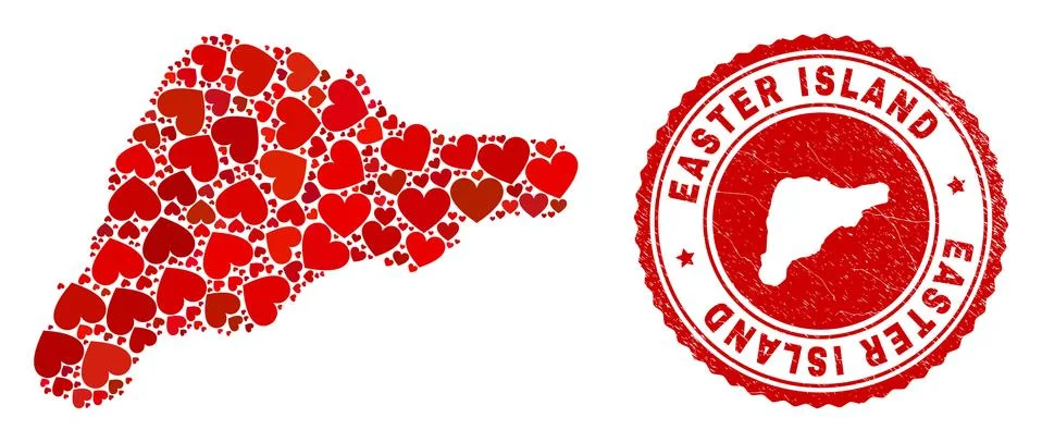 Valentine Mosaic Easter Island Map and Grunge Seal with Map Inside Stock Illustration
