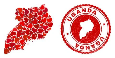Valentine Mosaic Uganda Map and Grunge Stamp with Map Inside Stock Illustration