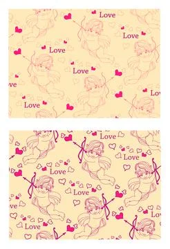 Valentine pattern with cupids, hearts and bow 库存插图