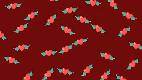 Valentine pattern featuring cute red hearts with wings on dark burgundy bac.. Stock Illustration
