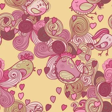 Valentine pattern with hearts, birds, waves Stock Illustration