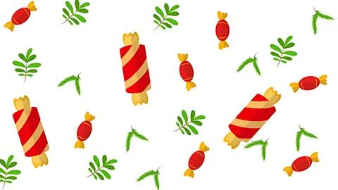 Valentine pattern with red striped candies and green leaves on white backgrou Stock Illustration