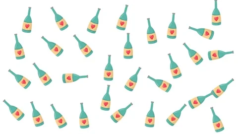 Valentine Pattern with Romantic Wine Bottles and Heart Symbols on White Stock Footage 345539646