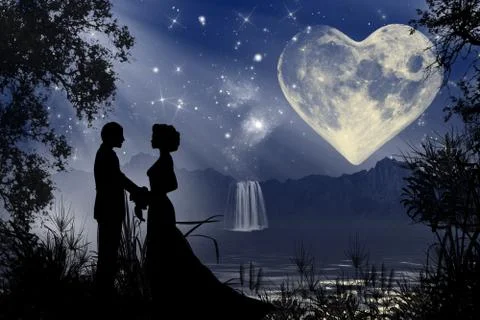 Valentine romantic atmosphere with heart shaped moon Stock Illustration