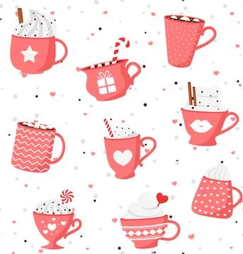 Valentine romantic seamless pattern with Collection of hot drinks with cute c Stock Illustration