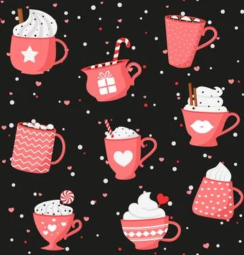 Valentine romantic seamless pattern with Collection of hot drinks with cute c Stock Illustration