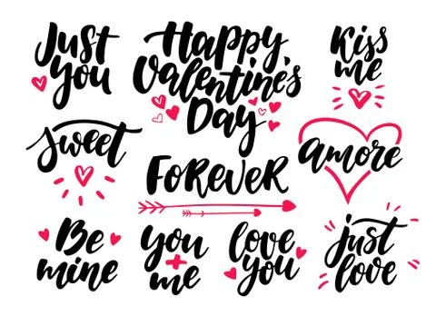 Valentine s Day lettering vector set. Isolated handwriting calli Stock Illustration