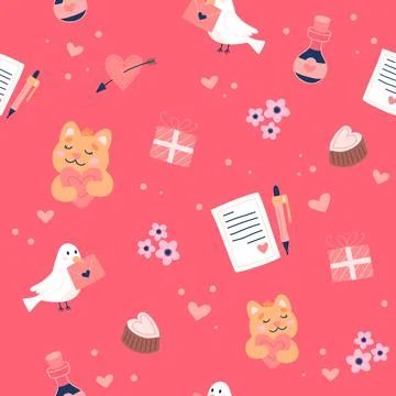 Valentine s day pattern with cute doves, cats and love letters. Hand drawn 库存插图