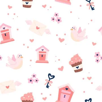 Valentine s day pattern with cute doves, letterboxes and keys. Hand drawn vector Stock Illustration