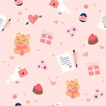 Valentine s day pattern with cute doves, cats and love letters. Hand drawn Illustration