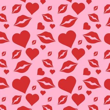 Valentine s Day Patterns with Red, White and Pink Hearts, Lips and Kisses, Lo Stock Illustration