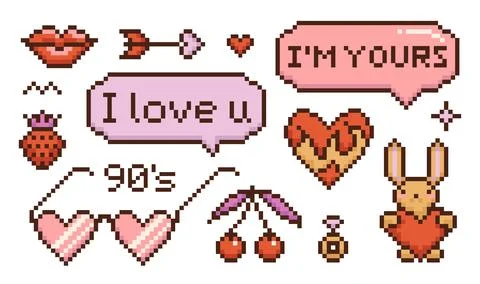 Valentine s day pixeled elements set, pixel art set, vintage 8 bit 80s - 90s Stock Illustration