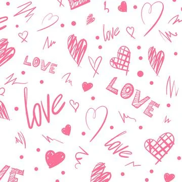 Valentine s day seamless pattern. Pink lettering, hand-drawn hearts. Trendy t Stock Illustration