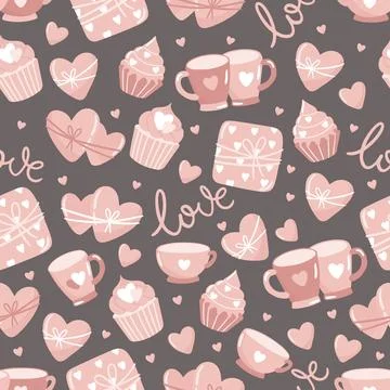 Valentine s Day seamless pattern with hand drawn elements on bright background Stock Illustration