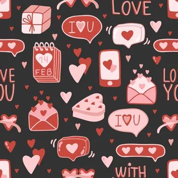 Valentine s Day seamless pattern with hand drawn elements on bright background Stock Illustration
