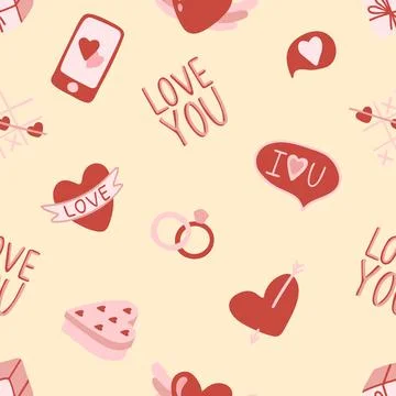 Valentine s Day seamless pattern with hand drawn elements on bright background Stock Illustration