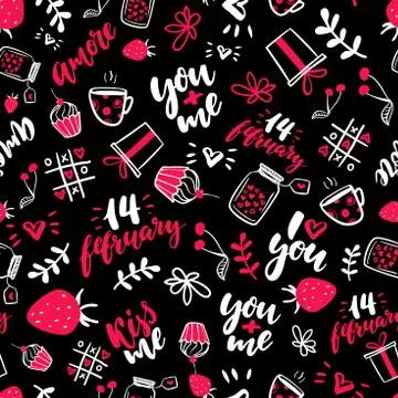 Valentine s Day vector seamless pattern. Isolated Artistic doodle drawings,.. Stock Illustration