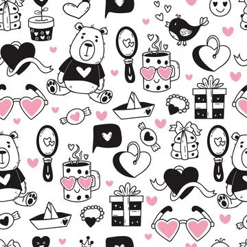 Valentine Seamless Pattern with Cute Bear Teddy, Hearts, Gift, Love Symbols.. 库存插图