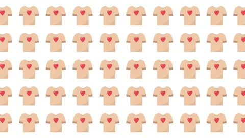 Valentine seamless pattern of cute beige t-shirts with red heart icons on white Stock Footage 345539851