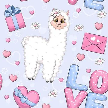 Valentine seamless pattern with cute cartoon white llama. 스톡 일러스트
