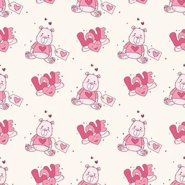 Valentine Seamless Pattern. Cute Pink Teddy Bear with Heart and Love Letter.. 库存插图