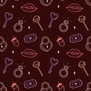 Valentine Seamless Pattern with Hearts, Keys and Lips on Dark Background Stock Illustration