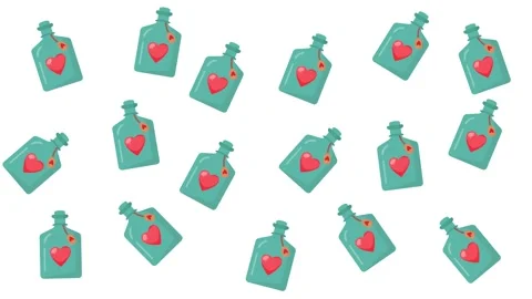 Valentine seamless pattern with love potion glass bottles and red hearts inside Stock Footage 345539648