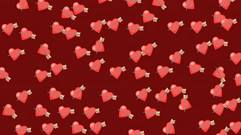Valentine seamless pattern with red hearts and Cupid arrows on dark red bac.. Stock Illustration