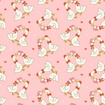 Valentine seamless pattern romantic silly goose couple kissing hand drawn i.. 库存插图