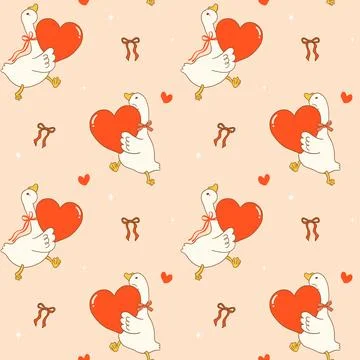 Valentine seamless pattern silly goose with heart motifs hand drawn 스톡 일러스트